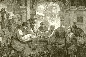 Mittelalterliche Kultur - Mönche in einem Kloster beim Illuminieren und Abschreiben von Büchern von English School