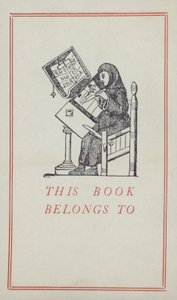 Mittelalterlicher Schreiber bei der Arbeit an einem Manuskript, Bucheigentumslabel von English School