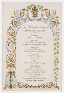 Menü für das Abendessen von Königin Victoria am Montag, 21. Juni 1897, dem Tag vor ihrem Diamantenen Jubiläum