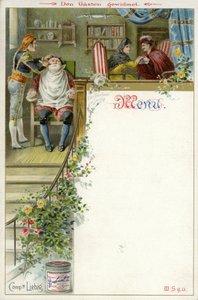 Menü mit einer Szene aus Der Barbier von Sevilla und einer Werbung für Liebigs Fleischextrakt