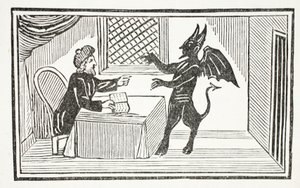 Mephistopheles kommt zum Haus des Doktors, Illustration aus Chap-books of the Eighteenth Century von John Ashton, veröffentlicht 1882 von English School