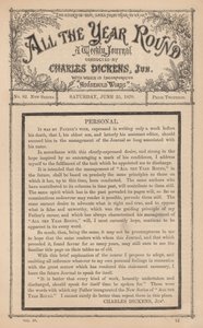 Nachricht von Charles Dickens Junior im Wochenjournal All The Year Round, nach dem Tod seines Vaters