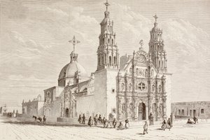 Metropolitankathedrale auf der Plaza de Armas, Chihuahua, Mexiko im neunzehnten Jahrhundert (Litho) von English School