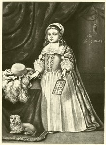 Miss Campion, mit einem Hornbuch (Stich)