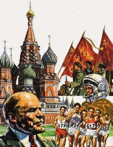 Montage von Russland einschließlich der Kathedrale von St. Basil der Selige und Porträt von Lenin