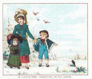 Mutter und Kinder gehen im Schnee, Weihnachtskarte