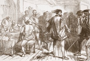 Mouchares Bande greift die Protestanten im Gasthaus im Faubourg St. Germain an, Illustration aus Die Geschichte des Protestantismus von James Aitken Wylie, veröffentlicht 1878 von English School