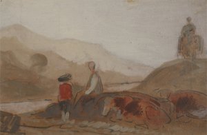 Gebirgige Landschaft mit Figur am See (Ein Mann sitzt am See inmitten von Bergen), zuvor J.M.W. Turner (1775-1851) und auch Peter de Wint (1784-1849) zugeschrieben, 1825-30 von English School