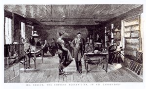 Mr. Edison (1847-1931), der bedeutende Elektriker, in seinem Labor von English School