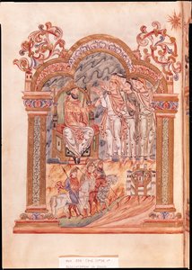 Ms 274 (Y-6) fol.36v Die Heiligen Drei Könige besuchen König Herodes, aus dem Messbuch von Robert von Jumieges, ca. 1016 von English School