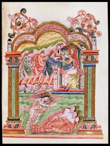Ms 274 (Y-6) fol.37 Der Traum und die Anbetung der Weisen, aus dem Messbuch von Robert von Jumieges, ca. 1016