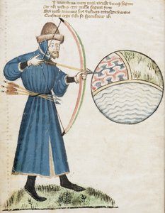 Bogenschütze, der auf einen Globus schießt, aus Vox Clamatis von John Gower (1330-1408)
