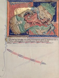 Ms L.A. 139-Lisboa fol.71 Die Kiefer der Hölle verschlingen den roten Drachen, das Tier des Meeres und das Tier der Erde, aus der Gulbenkian-Apokalypse, ca. 1265-70