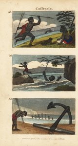 Nguni- oder Bantu (Kaffir)-Krieger jagt Antilopen mit Speeren, verlässt eine Frau, die in einem Fluss ertrinkt, und verehrt einen Anker von einem Ostindien-Schiff von English School