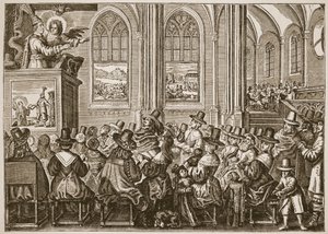 Oliver Cromwell predigt vor einer puritanischen Gemeinde, Illustration aus Die Kirche von England: Eine Geschichte für das Volk von H.D.M. Spence-Jones, veröffentlicht um 1910 von English School