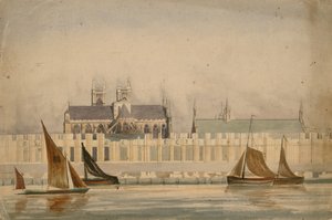 Original-Aquarellzeichnung des Parlamentshauses im Bau um 1842 von English School
