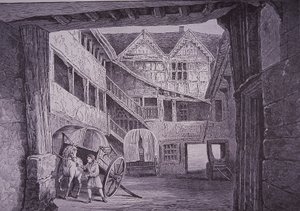 Stallknecht kümmert sich um Pferd im Hof des New Inn, Gloucester