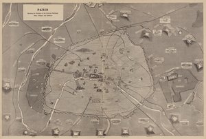 Paris, Darstellung der Positionen der wichtigsten Gebäude, Forts, Dörfer und Eisenbahnen (Stich)