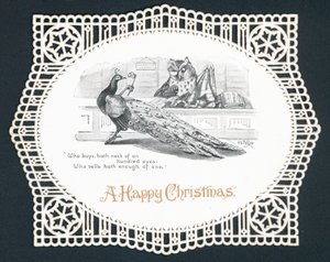 Pfau und Eule im Laden, Weihnachtskarte von English School