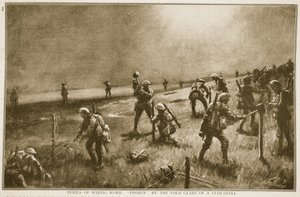 Gefahren der Drahtarbeit: eingefroren im kalten Schein einer Leuchtgranate, 1914-19 von English School