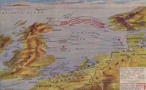 Perspektivkarte, die den Standort der Nordsee-Minenbarriere zeigt, die Szene der wichtigsten Seeschlachten und die deutschen Marinestützpunkte