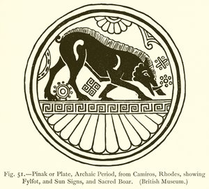 Pinak oder Platte, archaische Periode, aus Camiros, Rhodos, zeigt Fylfot, Sonnensymbole und heiligen Eber