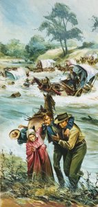 Pioniere überqueren den ungezähmten Arkansas River in den frühen 1880er Jahren von English School