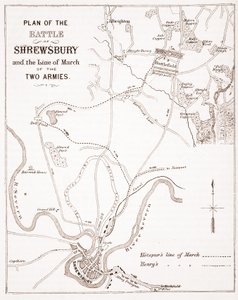 Plan der Schlacht von Shrewsbury und der Marschroute der beiden Armeen