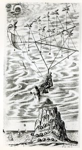 Flugzeug, Illustration aus dem Frontispiz von Der Mann im Mond oder eine Abhandlung über eine Reise dorthin von Domingo Gonsales, der schnelle Bote von Francis Godwin (1562-1633), posthum veröffentlicht von English School