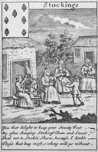 Spielkarte zeigt Arbeiter, die Strümpfe herstellen (Detail) von English School