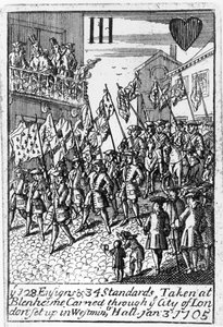 Spielkarte, die die Ensigns und Standards zeigt, die bei Blenheim erbeutet und durch die Stadt London getragen wurden, 3. Januar 1705 von English School