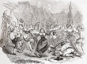 Plough Monday Feierlichkeiten, der Tanz von Bessie und dem Clown, aus "Old England: A Pictorial Museum", veröffentlicht 1847