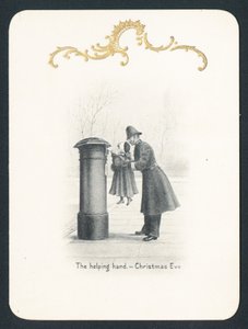 Polizist hebt Mädchen am Briefkasten hoch, Weihnachtskarte von English School