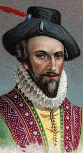 Porträt von Sir Walter Raleigh (1554-1618), englischer Seefahrer, Entdecker und Makler - Aus der Serie „Leaders of Men“ - Chromolithographie - Englische Schule, 20. Jahrhundert von English School