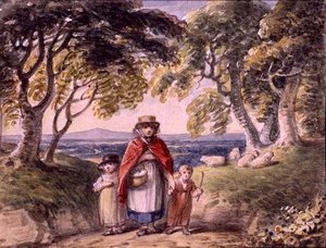 Porträt einer Frau und zwei Kinder in einer Waldlandschaft, ca. 1820