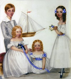 Porträt von vier Kindern mit einem Segelboot und einem Kätzchen, ca. 1830