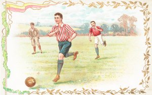 Postkarte mit Männern beim Fußballspielen