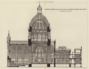 Prämiertes Design, Schnitt von vorne nach hinten Neues Parlamentshaus Berlin (Gravur)