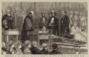 Verleihung der Freiheit der Stadt London an den Seyyid von Sansibar im Mansion House (Gravur)