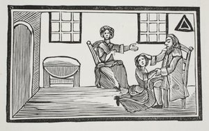 Die hübsche Bessie erhält den Segen ihres Vaters, als sie sich ihren Lebensunterhalt sucht, Illustration aus Chap-books des achtzehnten Jahrhunderts von John Ashton, veröffentlicht 1882