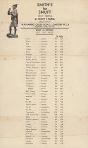 Preisliste für G Smith & Sons, Schnupftabakladen