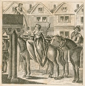 Königin Elisabeth I. erhält die Bibel von einem Jungen, der die Wahrheit personifiziert, auf dem Weg zu ihrer Krönung
