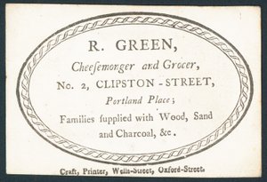 R Green, Käsehändler und Lebensmittelhändler, Visitenkarte von English School