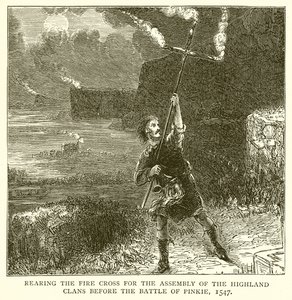 Aufstellen des Feuerkreuzes zur Versammlung der Highland-Clans vor der Schlacht von Pinkie, 1547 von English School