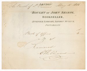 Quittung von John Sharpe, Buchhändler, Juvenile Library, London Museum, Piccadilly, London