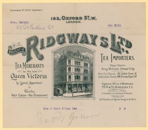Quittung von Ridgways, Teeimporteure, 182 Oxford Street, London von English School