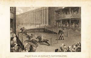 Regency-Publikum in Theaterlogen und Ständen beobachtet ein Pferderennen im Astley
