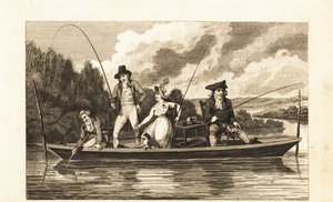 Regency-Gentlemen und Dame angeln auf einem Kahn auf der Themse