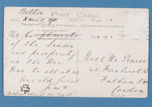 Rückseite der Postkarte der Spieler von Bolton Wanderers FC, 1911-12 von English School