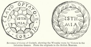 Rückseiten von Münzen aus Korinth, die die Kränze der Sieger der Isthmischen Spiele zeigen (Gravur) von English School